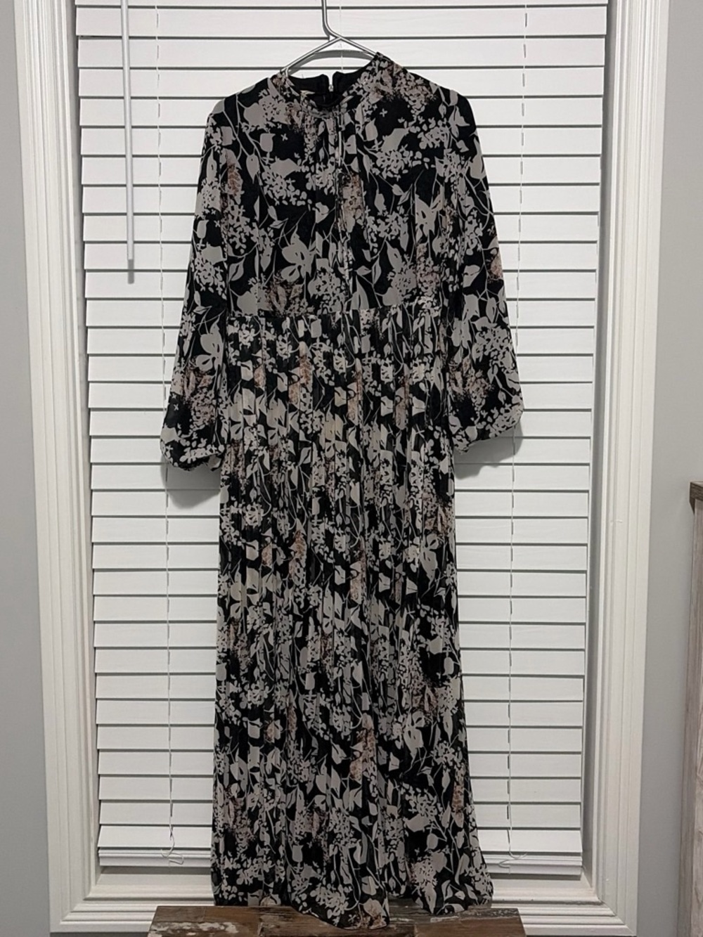 Black Floral Midi Dress with Neutral Print